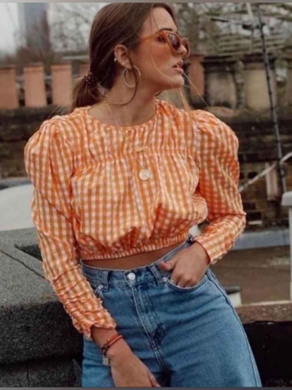 Zara Long-Sleeve Orange & White Gingham Crop Top